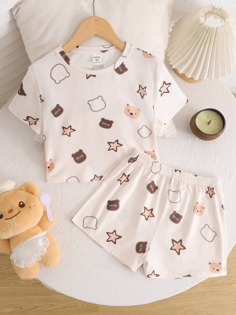 SHEIN Leap Crew Tween 女童休闲图案印花短袖和短裤两件套柔软阻燃睡衣套装,夏季 - 米色 - 查看 1