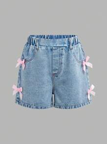 SHEIN Conjunto de 2 piezas para niñas preadolescentes, camiseta de manga corta blanca con decoración de lazo y pantalones cortos de mezclilla lavada, para uso casual y de viaje - Multicolor - Ver 6