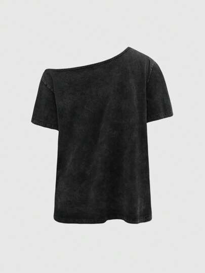 Grunge Punk Camiseta de manga corta asimétrica de hombros talla grande talla con estampado doble cara envejecido, estilo punk, para mujer de talla grande
