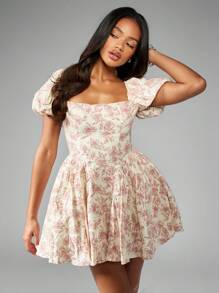 MISSGUIDED Váy trượt mini tay phồng họa tiết vải toile Milkmaid cạp cao thời trang xuân hè tiệc trà ngoài vườn dự tiệc cưới xếp ly nữ tính kiểu nông thôn Giáng sinh - Đỏ và trắng - Xem 3