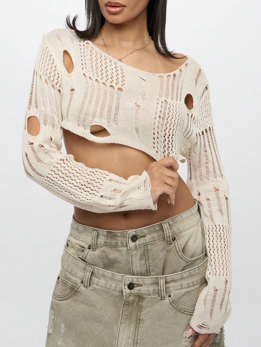 SUMWON WOMEN Top corto con mangas largas de ganchillo desgastado, suéter de punto deshilachado de moda para otoño e invierno, tejido suelto y ultracrópico, informal para uso diario