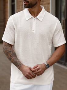 Manfinity Homme Plus Size Men's Solid Color Simple Short Sleeve Polo Shirt, Casual Everyday Wear - White - View 5