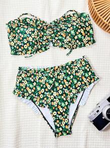Swim Vcay Ditsy Floral Random Pattern Two-Piece Swimsuit With Ruffle Trim For Summer Beach Vacation - Multicolor - View 4