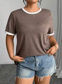 Juhart Plus Size Summer Casual Contrast Trim Short Sleeve T-Shirt - Coffee Brown - View 4