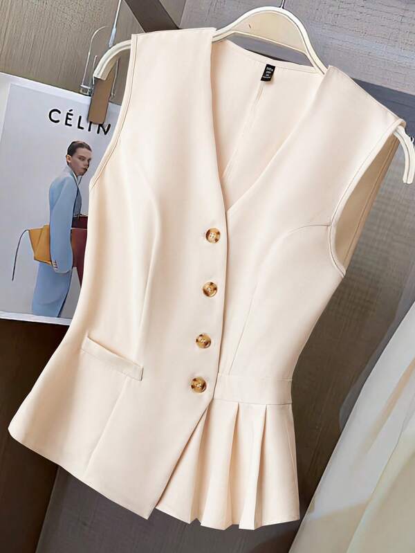 SHEIN CURVE+ Blazer corto abierto con botones diagonales y pliegues, unicolor, elegante y de estilo casual de negocios, tallas grandes
