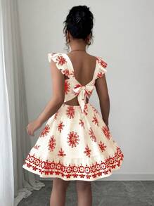 Elenzga Women's Cinched Waist Backless Tie-Up Casual Vacation To Work Mini Cap Sleeve Printed Dress - Red - View 2