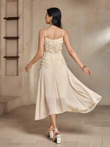 DAZY Elegant Sleeveless Round Neck Patchwork Midi Dress For Women, Summer,Formal Women Dresses - Beige - View 2