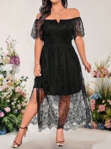 Cravure Vestido largo de manga corta con hombro descubierto, abertura y detalles calados con estampado floral para mujer talla grande - Negro - Ver 4