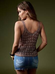 MISSGUIDED Summer Festival Ready Crochet Tank Top Metallic Lurex Knit Cami Sparkly Beach Cover Up Party Club Evening Wear Crop Length - Coffee Brown - View 2