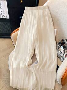 SHEIN PETITE Women's Versatile Textured Pearlescent Flowy Pants For Spring/Summer - Apricot - View 2