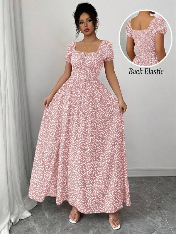 Airlisse Robe d'été élégante et romantique pour femmes avec imprimé floral marguerite, manches bouffantes froncées, taille cintrée, coupe évasée. Convient aux occasions décontractées, vacances, Saint-Valentin, avec nœud dans le dos et fermeture à lacets. Plusieurs styles de port. Nouvelle arrivée printemps/été, idéal pour la remise des diplômes, la plage, avec fentes sur les côtés et longueur maxi