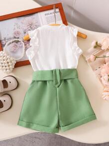 SHEIN Baby Girl 2 Pieces Ruffled Trim Sleeveless Tank And Printed Shorts Set, Summer - White - View 2