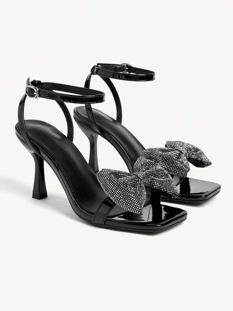 CUCCOO CHICEST Women's Black Patent Leather High Heels With Bowknot Embellished, Elegant And Glamorous Sexy Stiletto Sandals For Formal Occasions, Party, Date And Dinner