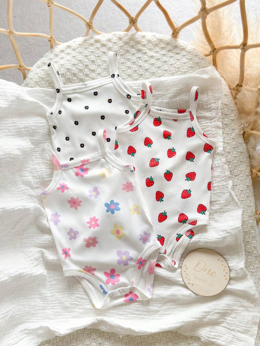 SHEIN Leap Crew 3件套新生女宝宝夏季可爱针织格子碎花连体衣套装 - 粉色 - 查看 1
