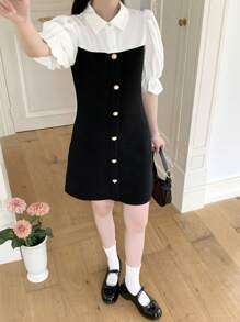 SHEIN TEENGIRL Elegant & Sweet A-Line Dress With Colorblock Puff Sleeves, Waist Cinching, Mini Length, Simple & Chic