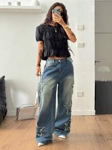 Coolane 女式春夏 Y2K 时尚约会之夜音乐节演唱会褶皱系带侧开衩白色圆领短袖衬衫 - 黑色 - 查看 6