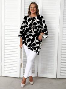 EMERY ROSE Plus Size Casual Minimalist Floral All-Over Print Shirt, Suitable For Spring/Autumn Vacation Autumn And Winter - Multicolor - View 3