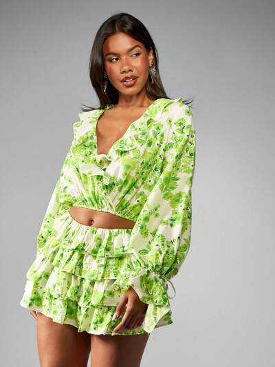 MISSGUIDED Top corto navideño con estampado floral y mangas abullonadas con volantes