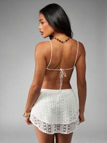 MISSGUIDED Summer Beach Resort Two Piece Set Crochet Bralette Halter Top Drawstring Lace Mini Skirt Set Vacation Pool Cover Up - White - View 2