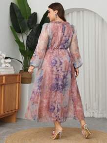 Modelyn Abito maxi elegante e romantico, con stampa tie-dye, maniche a palloncino in chiffon, con volant sul fondo, per taglie comode, per primavera/estate