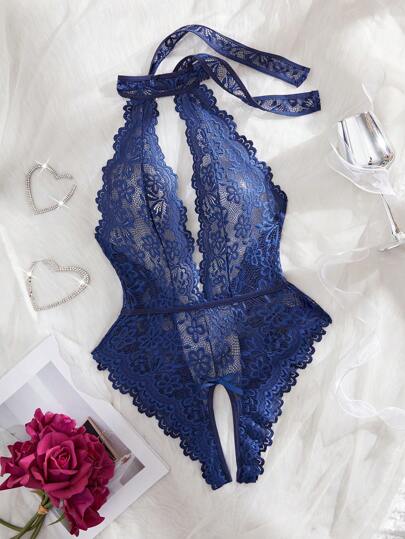 SpicyHot Scallop Bloemen Kanten Crotchless Teddy Bodysuit Lingerie view 6