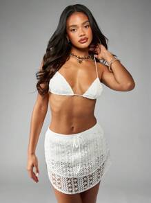 MISSGUIDED Summer Beach Resort Two Piece Set Crochet Bralette Halter Top Drawstring Lace Mini Skirt Set Vacation Pool Cover Up - White - View 3