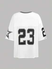 Girlism 2 Stücke Set für Teenager-Mädchen: Weißes T-Shirt Top aus Basketballtrikot mit College-Nummern und Buchstaben Muster + schwarze, enge Workout-Leggings mit hoher Taille, lässiges Streetwear-Outfit - Schwarz und Weiss - Übersicht 6