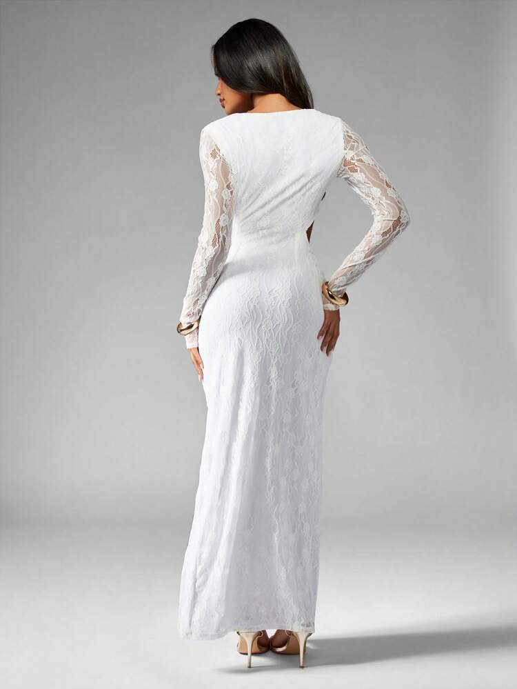 MISSGUIDED Lace Sleeve Cut Out Maxi Dress High Split Evening Gown Square Neck Floor Length Wedding Guest Prom Formal Dress Elegant Long Sleeve Prom Special Occasion
