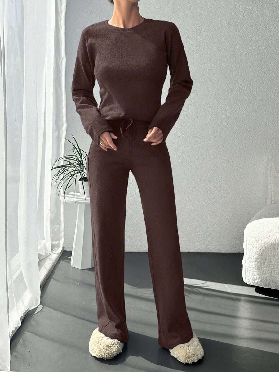 SHEIN Cottnline 100%Cotton Solid Tee & Drawstring Waist Pants - Brown - View 1