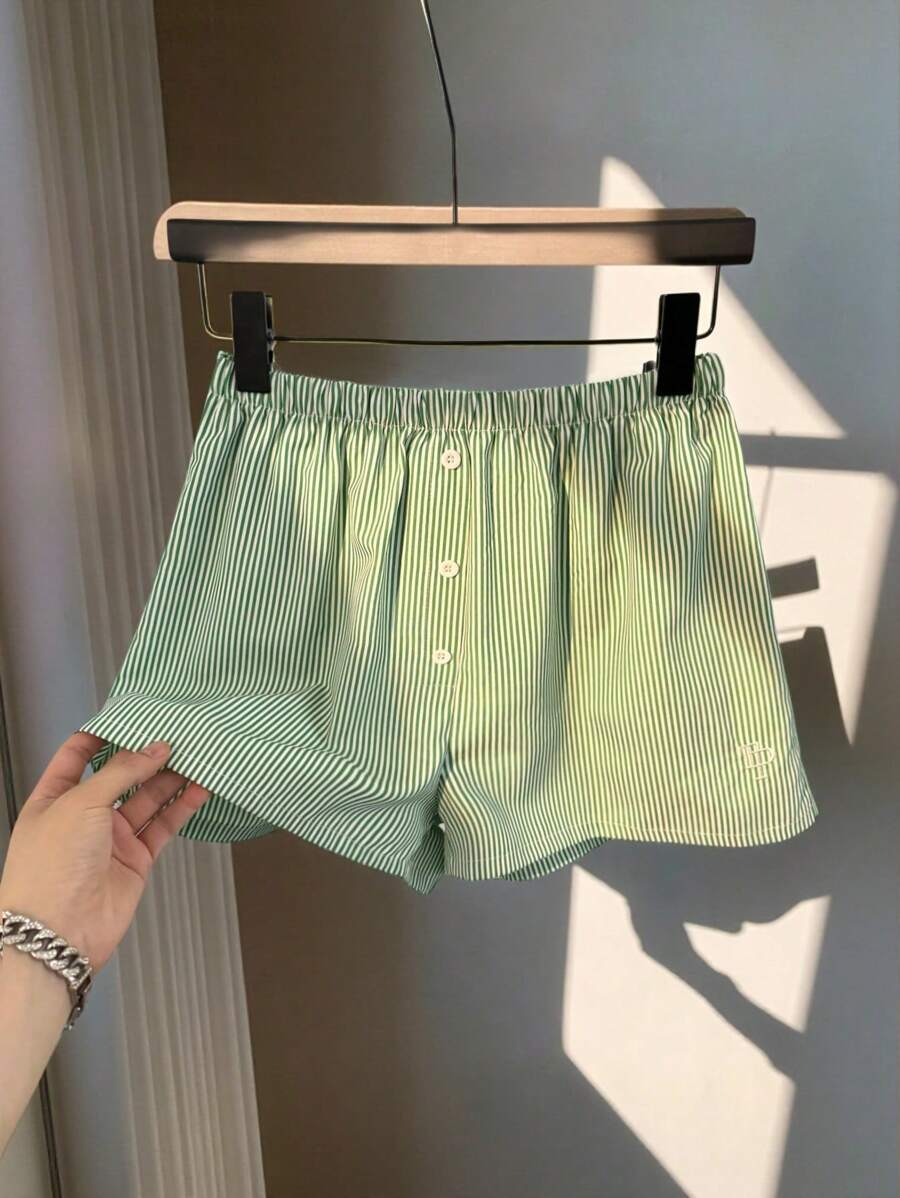 Chiquease Women's Vintage Style Inelastic Striped Button Elastic Waist Mini Shorts