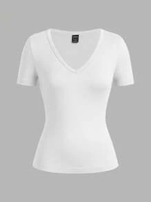 SHEIN EZwear 女式深 V 领紧身休闲短袖上衣和长袖打底 T 恤三件套，适合春夏季 - 彩色 - 查看 3