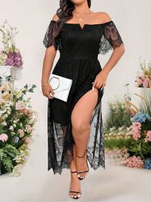 Cravure Vestido largo de manga corta con hombro descubierto, abertura y detalles calados con estampado floral para mujer talla grande - Negro - Ver 5
