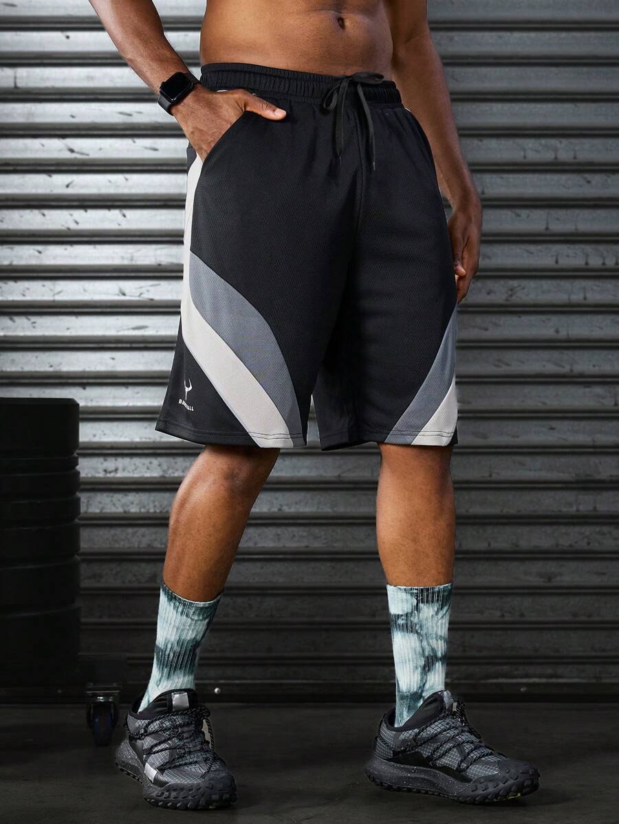 Manfinity Sport Corelite Men's Color Block Drawstring Waist Pocket Sport Shorts, Summer Loose Fit Workout Clothes Running Shorts - Multicolor - View 1