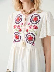 Florisole Women's Casual Loose V-Neck Retro Embroidered Ruffle Flare Sleeve Fringe Tie-Up Blouse, Spring/Summer Top - Apricot - View 2
