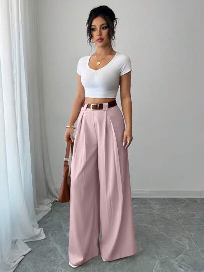 Elenzga Spring/Summer New High Waist Solid Color Culottes, Paired With Vintage Belt, Elegant Style Suitable For Daily And Work Wear, Graduation Season, Vintage Elegant, Music Festival, Derby Fall Cloth For Women