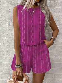 SHEIN LUNE 2pcs/Set Women All-Over Print Round Neck Sleeveless Top & Shorts - Red Violet - View 7