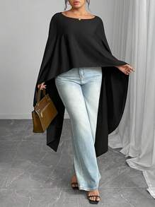 Elenzga 大码时尚不对称纯色休闲套头衫 - 黑色 - 查看 6