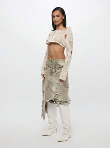 SUMWON WOMEN Top corto con mangas largas de ganchillo desgastado, suéter de punto deshilachado de moda para otoño e invierno, tejido suelto y ultracrópico, informal para uso diario