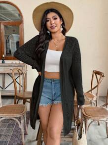 EMERY ROSE Plus Size Women Hollow-Out Long Sleeve Maxi Cardigan, Lightweight, Suitable For Vacation, Party And Daily Commute, Spring/Summer - Black - View 4