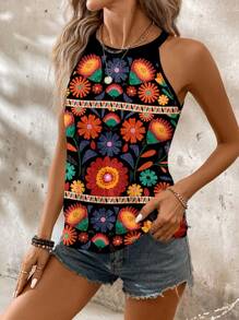 SHEIN LUNE Áo ba lỗ cổ tròn họa tiết hoa giản dị dành cho nữ, phù hợp cho mùa hè - Nhiều màu - Xem 5