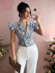 Chiquease Summer Elegant Jacquard Asymmetric Blazer With Cap Sleeves - Blue - View 1