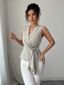SHEIN Unity Women Sleeveless Shirt With Tie Design, Slimming And Elegant - Grey - View 6