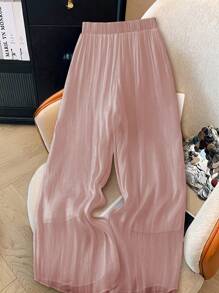 SHEIN PETITE 女士百搭珍珠光泽纹理宽松长裤，春夏 - 粉色 - 查看 2