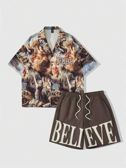 Street Life Herren Retro Porträtdruck Loose Hemd und Shorts Set
