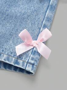 SHEIN Conjunto de 2 piezas para niñas preadolescentes, camiseta de manga corta blanca con decoración de lazo y pantalones cortos de mezclilla lavada, para uso casual y de viaje - Multicolor - Ver 9