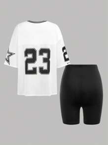 Girlism 2 Stücke Set für Teenager-Mädchen: Weißes T-Shirt Top aus Basketballtrikot mit College-Nummern und Buchstaben Muster + schwarze, enge Workout-Leggings mit hoher Taille, lässiges Streetwear-Outfit - Schwarz und Weiss - Übersicht 2