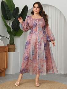 Modelyn Abito maxi elegante e romantico, con stampa tie-dye, maniche a palloncino in chiffon, con volant sul fondo, per taglie comode, per primavera/estate