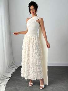 Airlisse Abito da donna elegante e fluido, con toppework arricciato, motivo floreale a strati, adatto per vacanze
