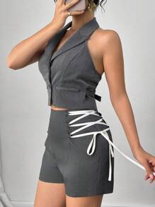Modelyn Pantalones cortos casuales con diseño de atado lateral para mujer, primavera/verano - Gris Oscuro - Ver 5