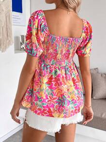 SHEIN Blusa de maternidad con estampado floral, cuello de corazón y mangas abullonadas, para verano y vacaciones para mujeres - Multicolor - Ver 2